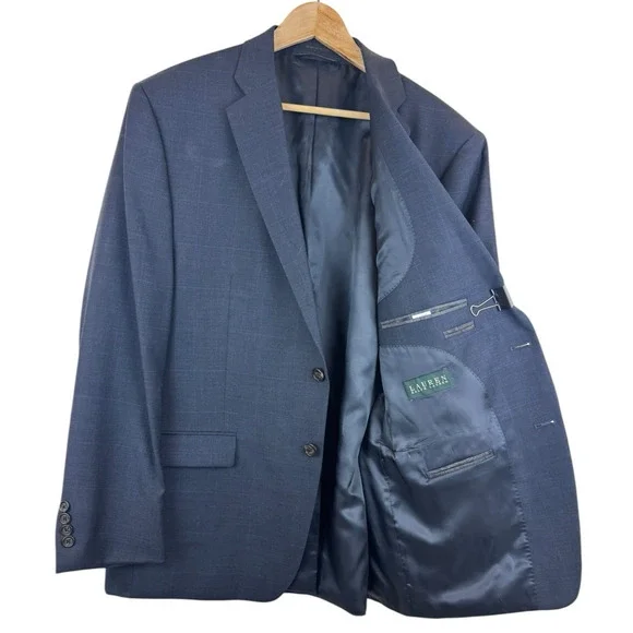 Lauren Ralph Lauren 100% Wool‎ Blazer Mens 46R Windowpane Blue Two Button Jacket